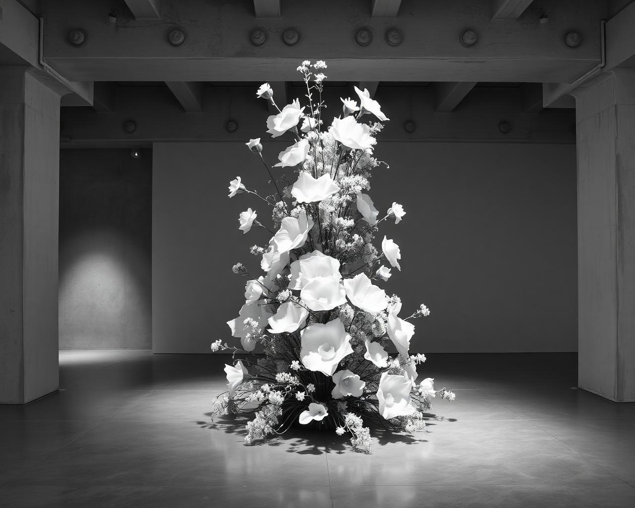 Floral installation in brutalist gallery