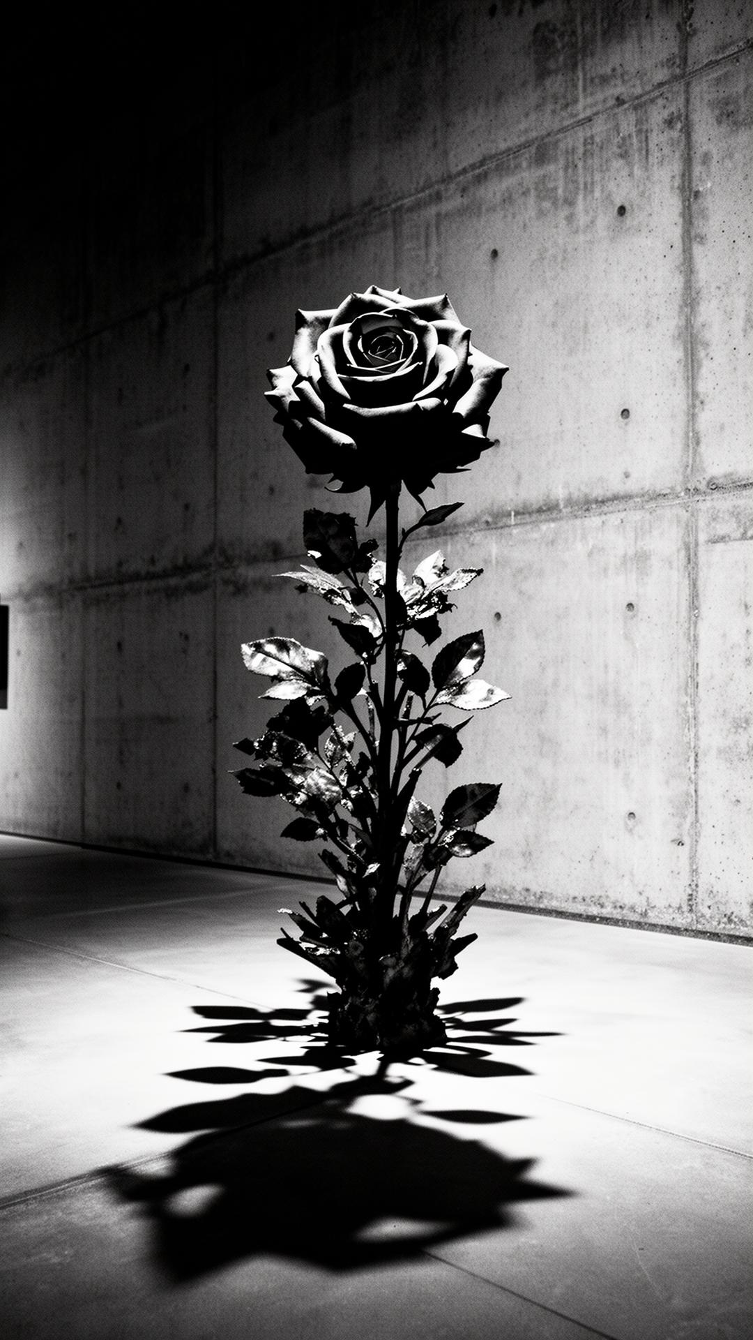 Sculptural rose installation in concrete gallery